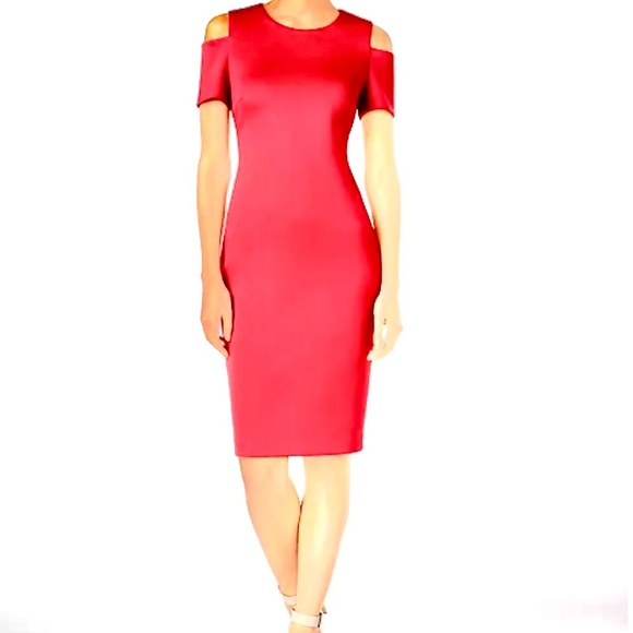 Calvin Klein Cold Shoulder Sheath Cocktail Coral Fitted Dress - Picture 1 of 14